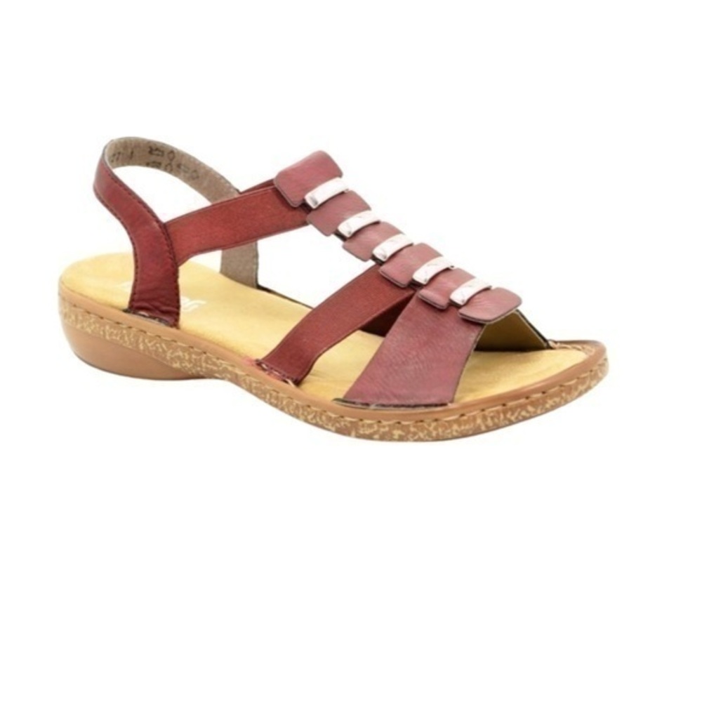 Rieker Woman’s Faux Leather Metallic Band Slip On Sandals Wine Size 40